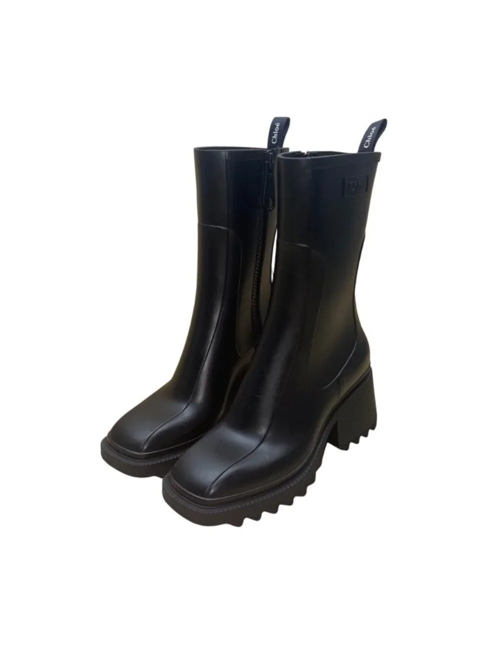 Chloe Women’s Black Rubber Zip-Up Chunky Heel Square Toe Betty Rain Boots Sz 10